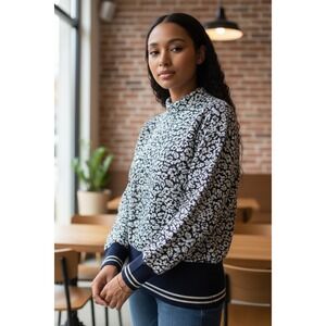 BGB LTD Vintage Navy Floral Print Bomber Jacket Womens L 10 Ribbed Cuffs